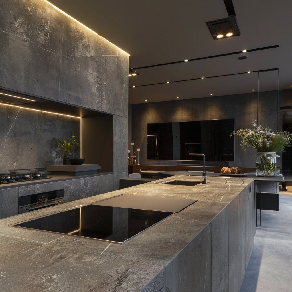 Modern dark stone kitchen with island cooktop and warm accent lighting